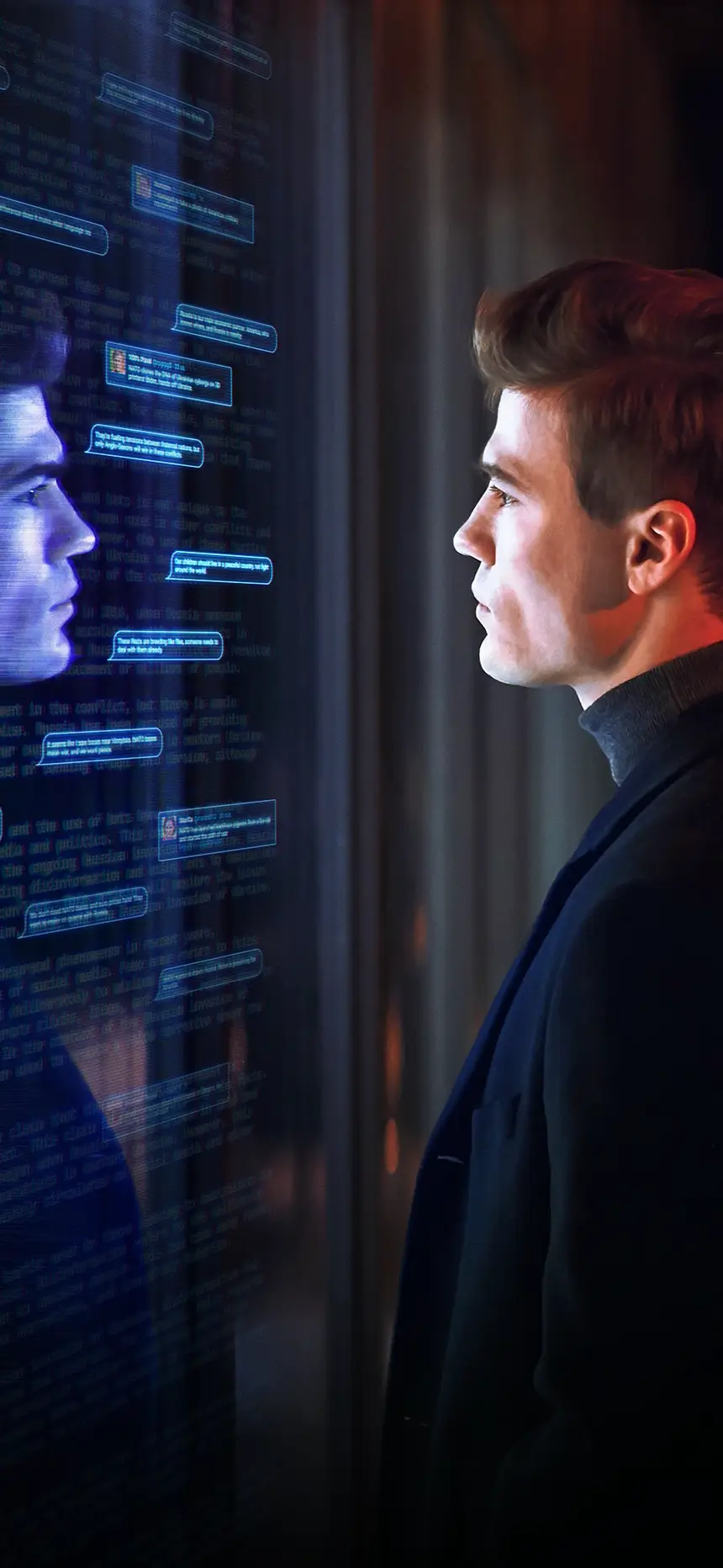 A man stands before his own reflection, digital lines flowing from the image, symbolizing the disintegration of self. Glowing messages surround him, embodying disinformation networks and fake messages about the Russian-Ukrainian war.