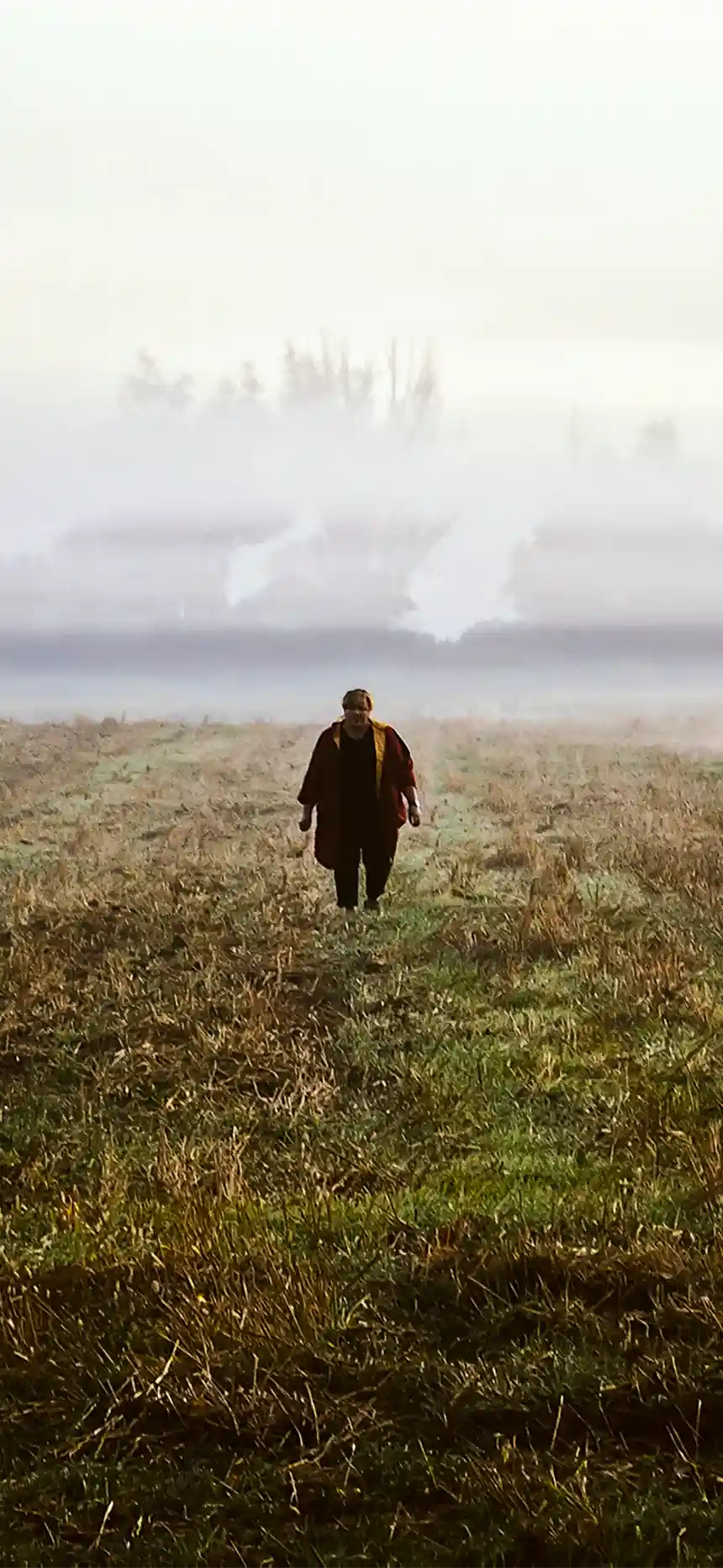 A lone, strong woman stands in an autumn field shrouded in fog, capturing the essence of the TV series "Mama.