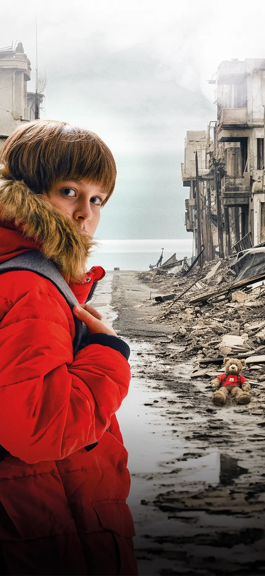 A young boy, Yuriy, stands amidst the ruins, gazing at the Azov Sea in the background, capturing the essence of the film "Yuryk."